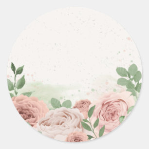 Romantische Rosa Blume & Blätter Runder Aufkleber