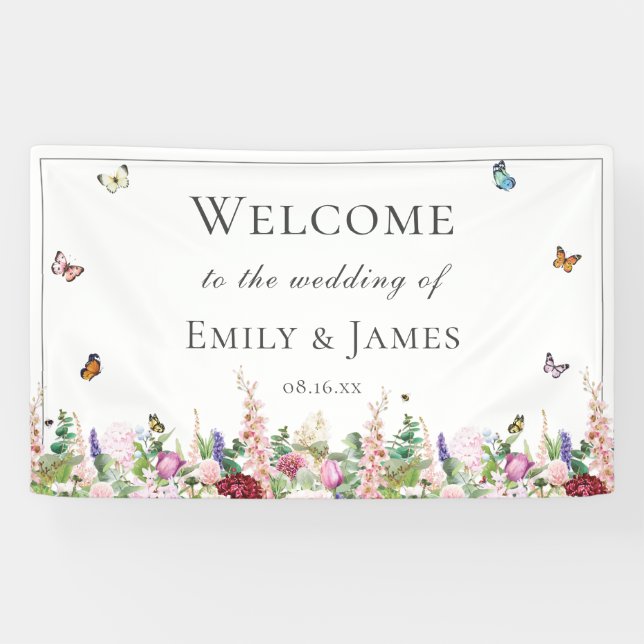 Romantische Rosa Blume & Butterflies Hochzeiten Banner (Horizontal)