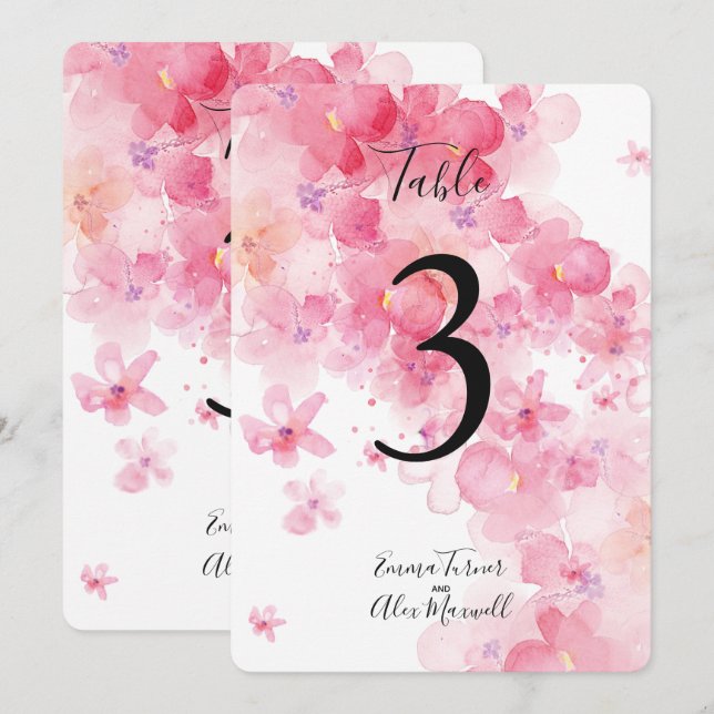 Romantische rosa Blumen | Tischnummernkarten Einladung (Vorne/Hinten)