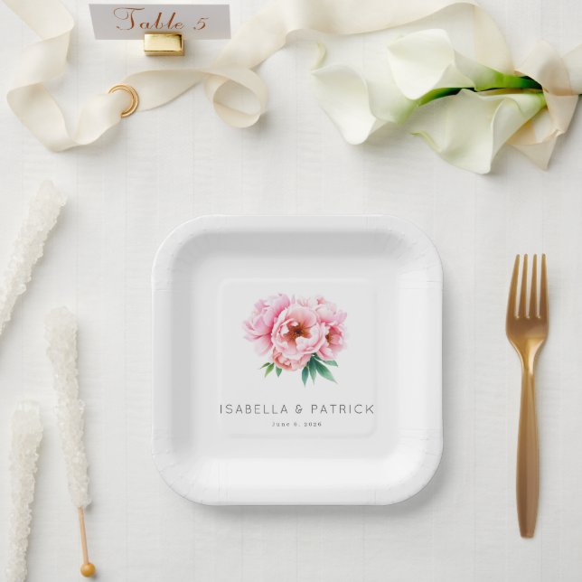 Romantische rosa Blumenaquarellmalerei Pappteller (Hochzeit)