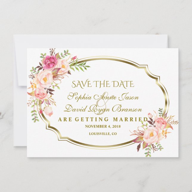 Romantische Rosa Blush Bloral Gold Hochzeit Save The Date (Vorderseite)