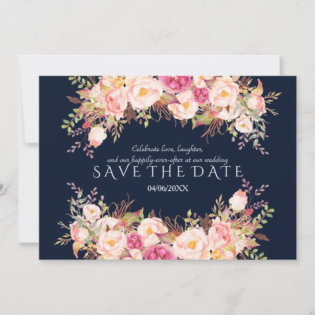 Romantische Rosa Blush Blume Hochzeit Navy Blue Save The Date (Vorderseite)