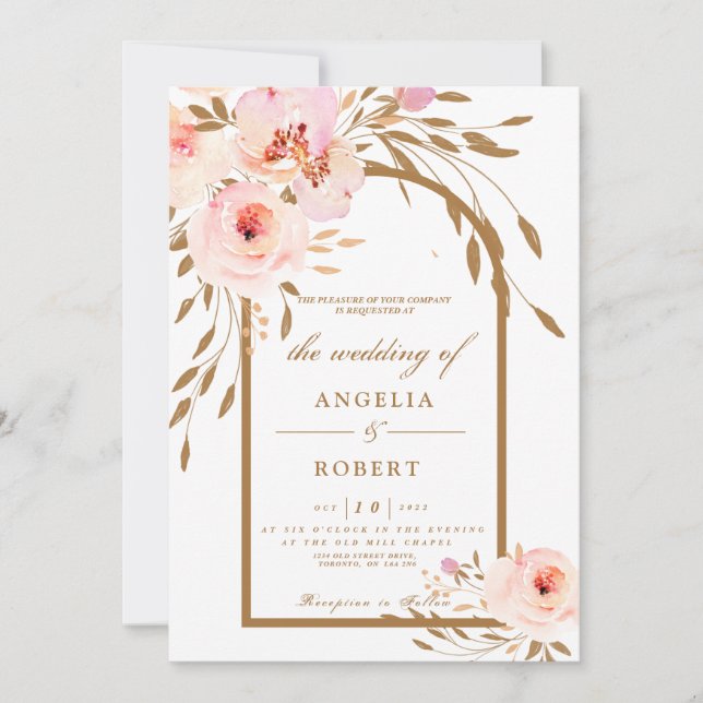 Romantische Rosa Blush Gold Floral Wedding Einladung (Vorderseite)