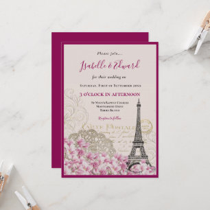 Romantische rosa Blüten Paris Eiffelturm Hochzeit Einladung