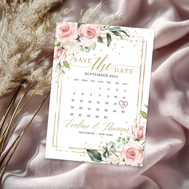 Romantische Rosa Blütengoldrahmen Hochzeit Save The Date (Romantic blush pink floral gold frame wedding save the date)