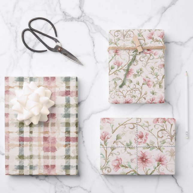 Romantische rosa Creme-Blume Geschenkpapier Set (Vorderseite)
