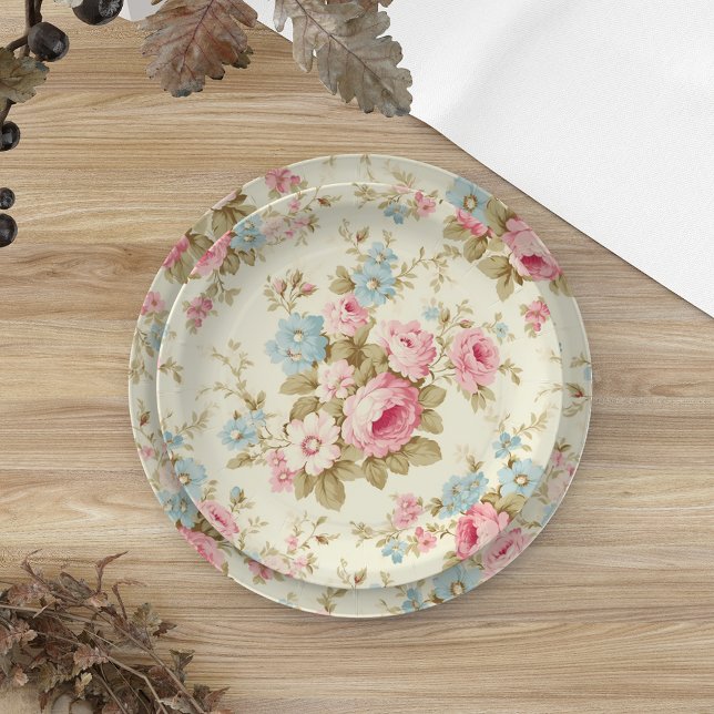 Romantische Rosa Englische Rose auf blassgelb Pappteller (Von Creator hochgeladen)