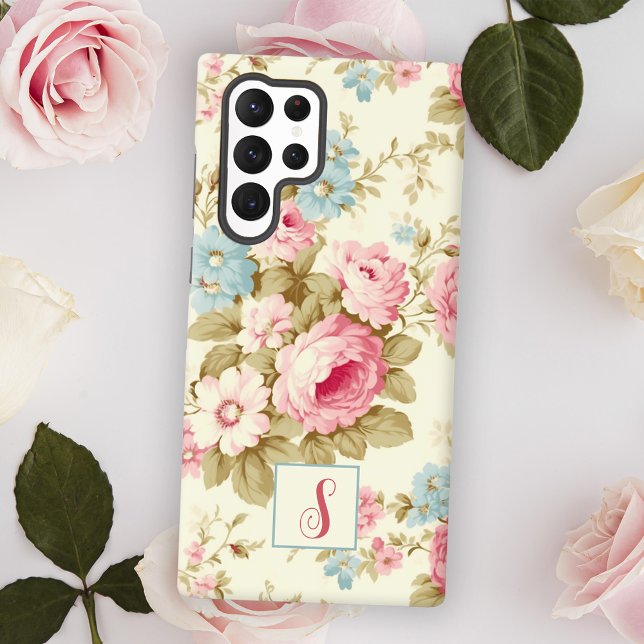 Romantische rosa Englische Rose auf Gelb mit Monog Samsung Galaxy Hülle (Von Creator hochgeladen)