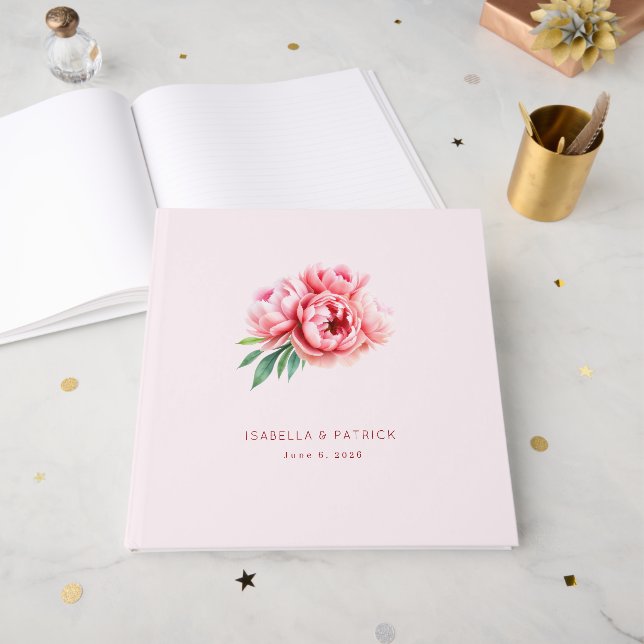 Romantische rosa florale Illustration Gästebuch (Vorderseite offen)