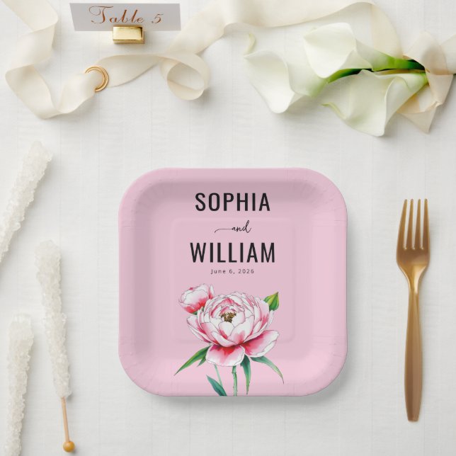 Romantische rosa florale Illustration Pappteller (Hochzeit)