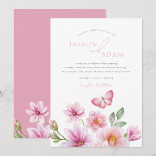 Romantische rosa florale Schmetterlings-Hochzeit Einladung
