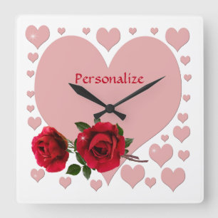 Romantische rosa Herzen und rote Rosen Personalisi Quadratische Wanduhr