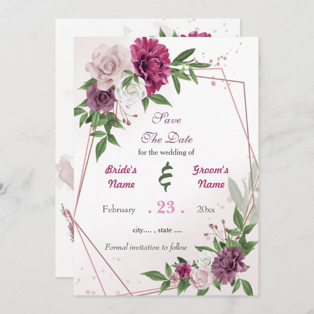 Romantische rosa-lila Blume geometrisch Save The Date (Vorne/Hinten)