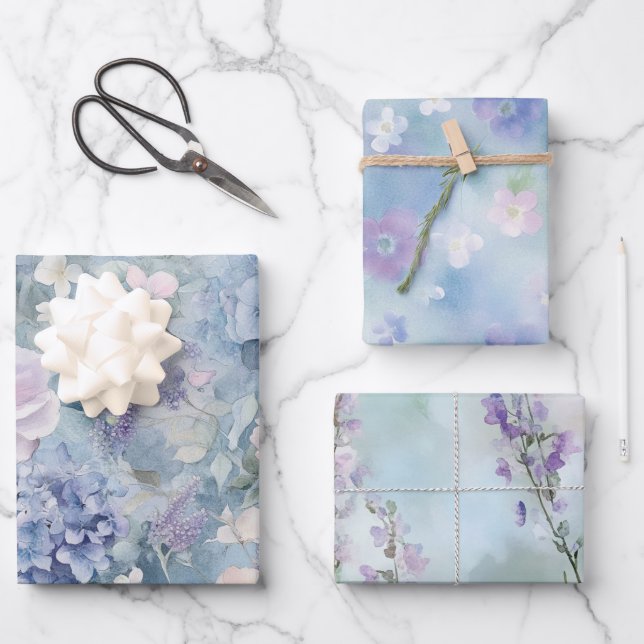 Romantische Rosa Lila Blumenhochzeit Geschenkpapier Set (Vorderseite)