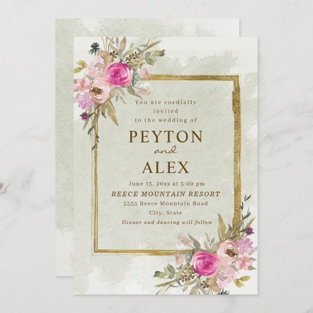 Romantische Rosa Lila Sage Green Blätter Gold Einladung (Vorne/Hinten)