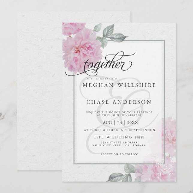 Romantische rosa Peonies Rice Paper BarefootBride™ Einladung (Vorne/Hinten)