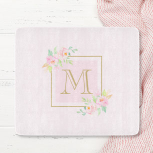 Romantische rosa Pfingstrose Botanical Initial Gla Schneidebrett