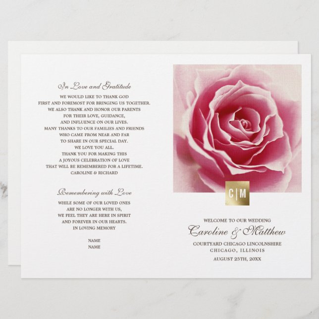 Romantische Rosa Rose | Gold Foil Weddingprogramme (Vorne/Hinten)