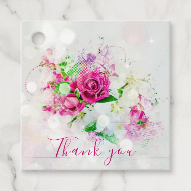 Romantische Rosa Rose mit Bokeh & Glitzern auf Wei Geschenkanhänger (Vorderseite)