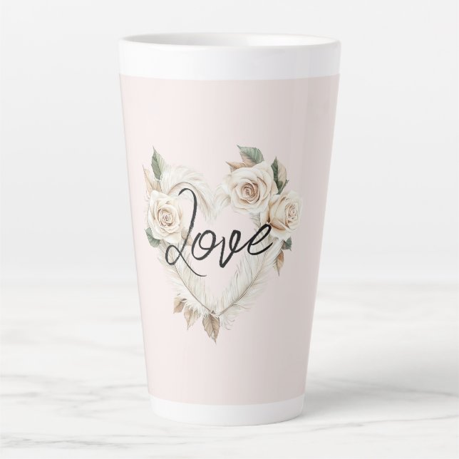 Romantische Rosa Rosen Federn Herz Liebe Milchtasse (Vorderseite)