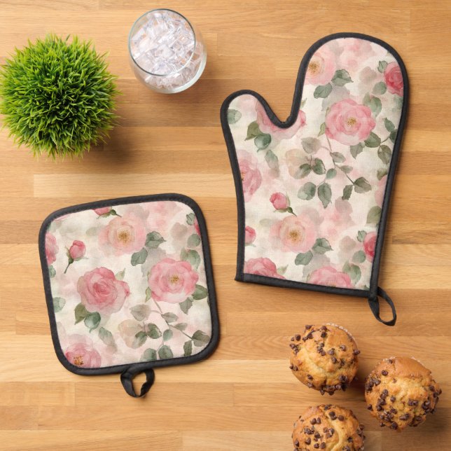Romantische Rosa Rosen Floral  Ofenhandschuh & Topflappen-Set (Oben Unten)