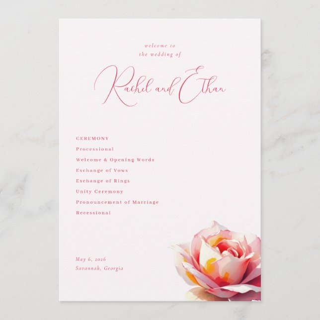 Romantische rosa Rosen Hochzeit Programm (Vorderseite)