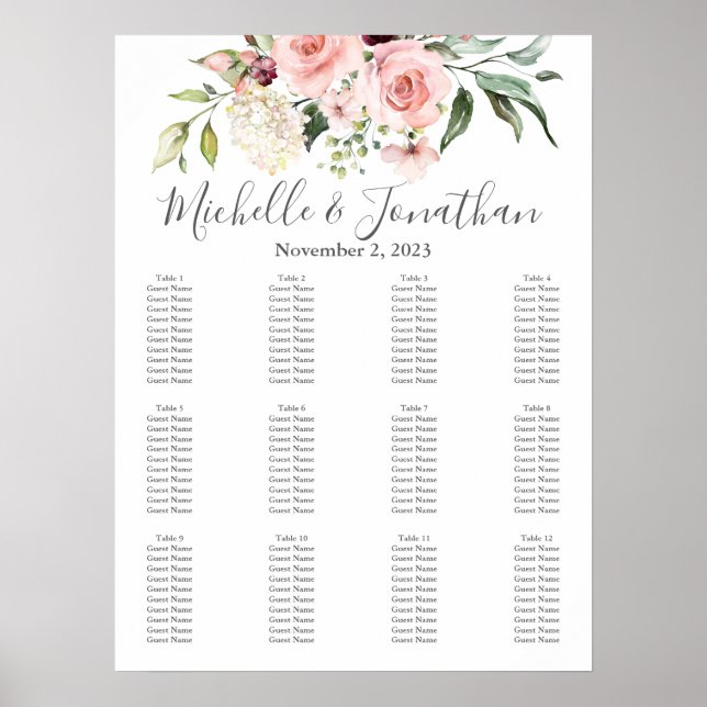 Romantische rosa Rosen Hochzeitstabelle Poster (Vorne)