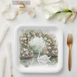 Romantische rosa Rosen Schwanensee Florales Brautb Pappteller