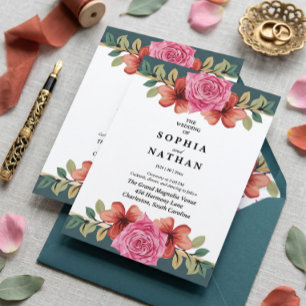 Romantische rosa Rosen- und Türkis-Hochzeitseinlad Einladung