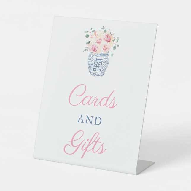 Romantische rosa Rosenkarten und Geschenke Brautpa Sockelschild (Vorderseite)