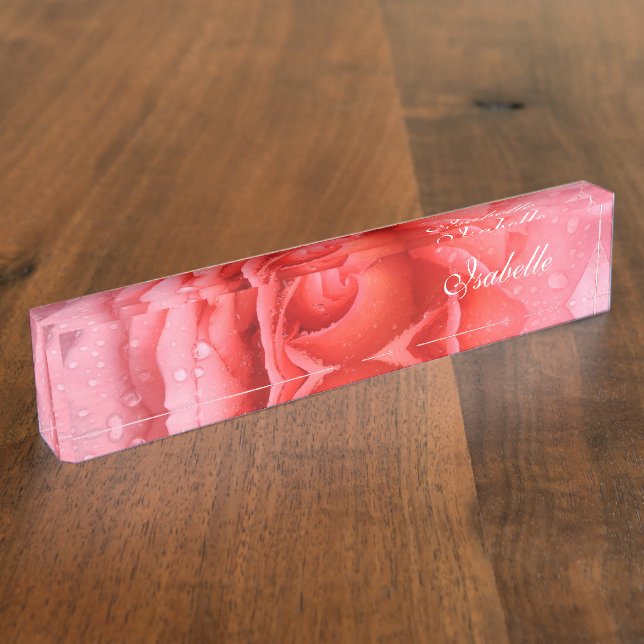 Romantische Rosa Rosentropfen Namensschild Namensplakette (Seite)