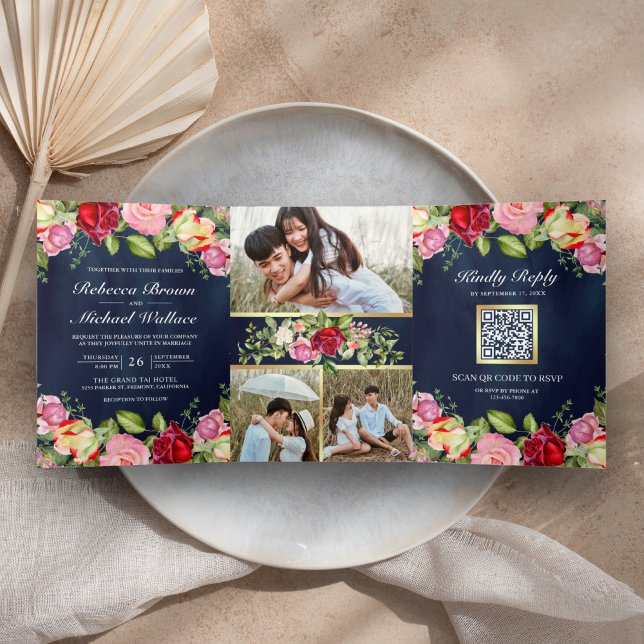 Romantische rosa Rote Rosen QR Code Navy Blue Wedd Dreifach Gefaltete Einladung (Von Creator hochgeladen)