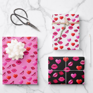 Romantische Rosa & Schwarze Herzen & Kisses Valent Geschenkpapier Set