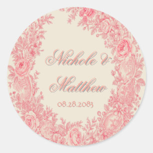 Romantische Rosa Toile Blume Hochzeit Runder Aufkleber