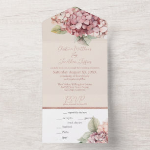 Romantische rosa und blasse Wasserfarbe-Hortensien All In One Einladung