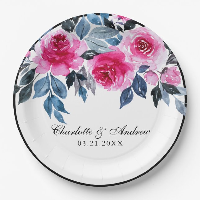 Romantische Rosa- und Blaufarbenblütenhochzeit Pappteller (Vorderseite)