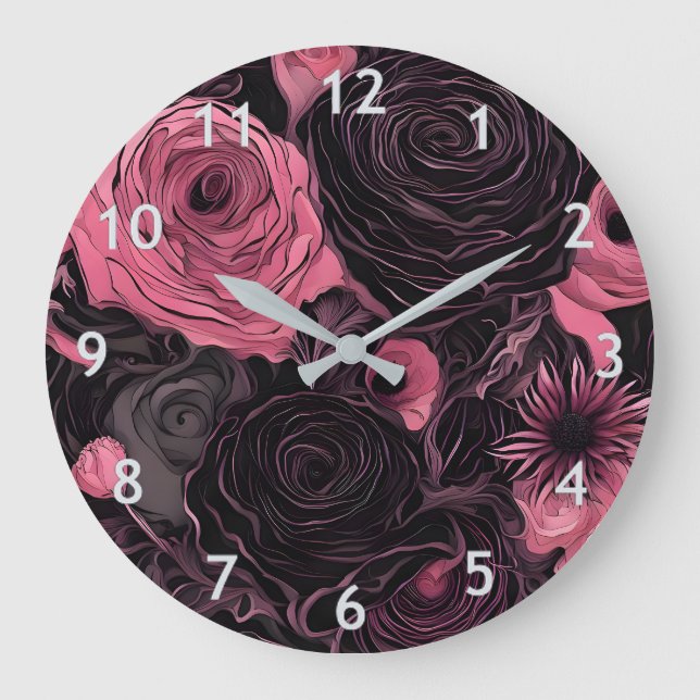 Romantische rosa und schwarz-gotische Rose Große Wanduhr (Vorderseite)