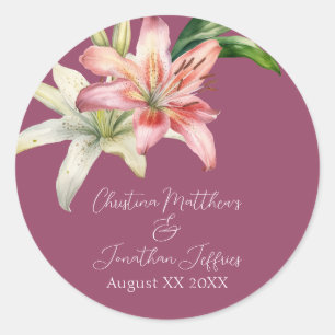 Romantische rosa und weiße Lilien auf Fuchsia Runder Aufkleber