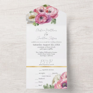 Romantische rosa und weiße Ranunkeln All In One Einladung