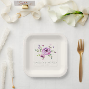 Romantische rosa Wasserfarben-Blumen Pappteller