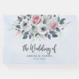 Romantische Rosa Wasserfarben Blumenzehen Blau Gästebuch