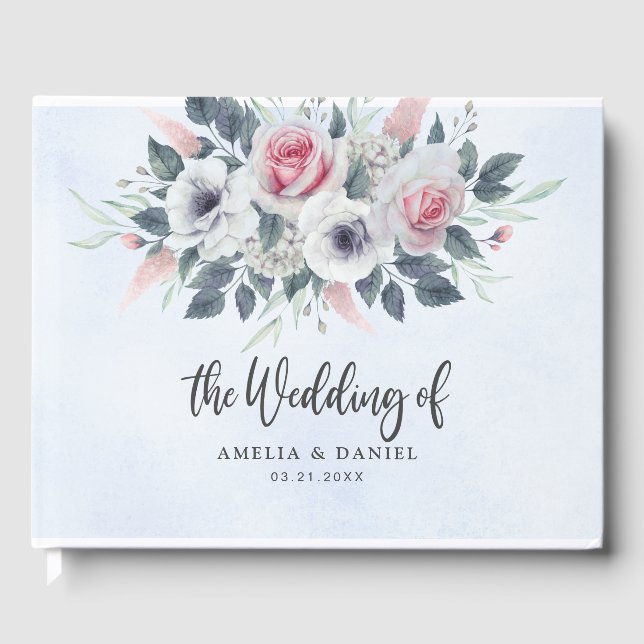 Romantische Rosa Wasserfarben Blumenzehen Blau Gästebuch (Vorderseite)