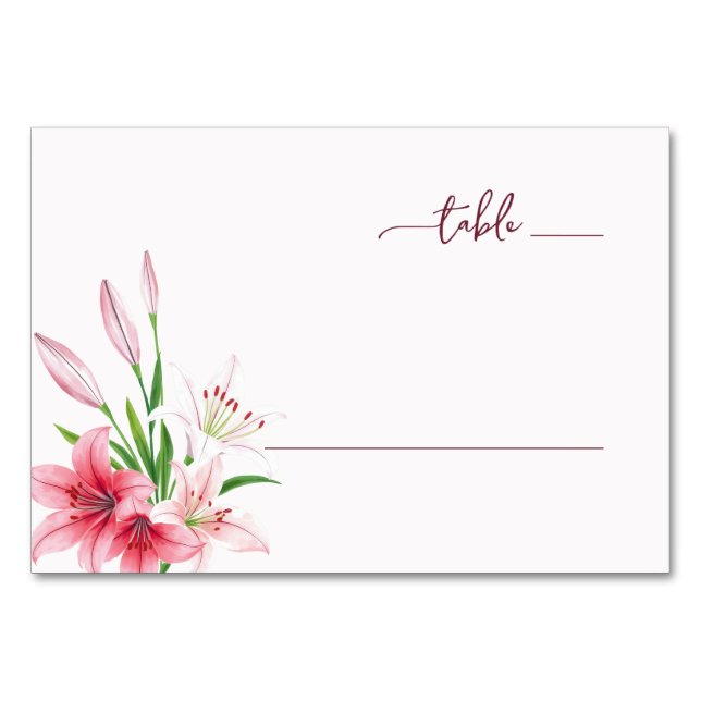 Romantische rosa Wasserfarben-Lilien Tischnummer (Vorderseite)