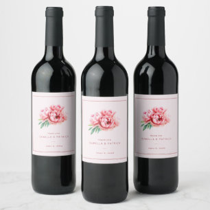 Romantische rosa Wasserfarben-Pfingstrosen Weinetikett