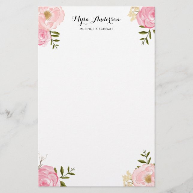 Romantische rosa Watercolor-Blumen personalisiert Briefpapier (Vorderseite)