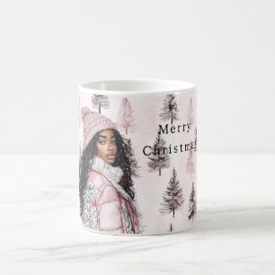 Romantische rosa Weihnachtsbäume Schwarzes Mädchen Kaffeetasse