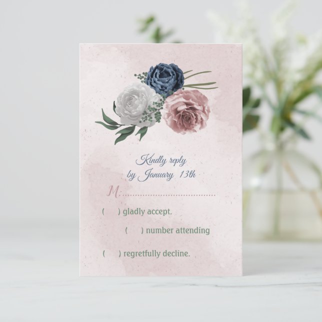 Romantische Rosa, Weiß und Blau der Marine RSVP Karte (Stehend Vorderseite)