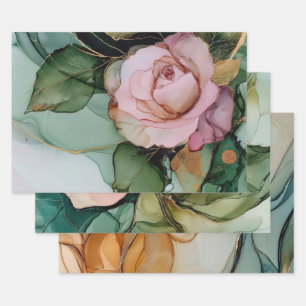 Romantische rosa weiße Rosen-Blumen-Brautdusche Geschenkpapier Set