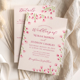 Romantische rosa Wildblumen 2-in-1 Hochzeit & Deta Einladung
