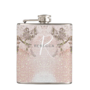 Romantische rosafarbene Blumen-Monogramm-Flasche Flachmann